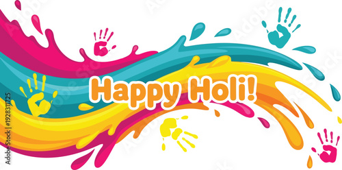Vibrant Holi Celebration with Colorful Paint Splatters and Handprints in a Joyful Scene