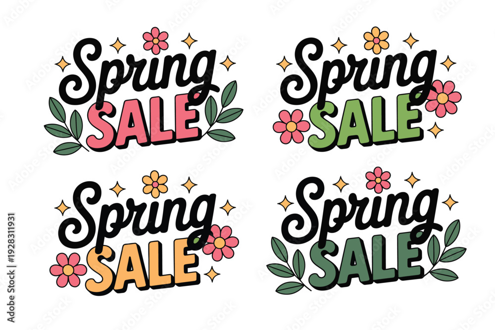 Fototapeta premium Spring sale colorful typography with flowers and leaves illustration