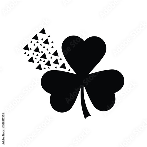 A large shamrock symbol dissolving into a swarm of small triangles, representing transformation or disintegration.