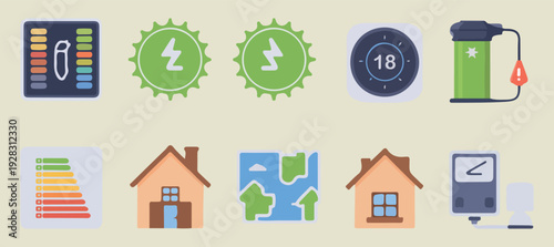 Home energy efficiency icons with houses and power symbols vector