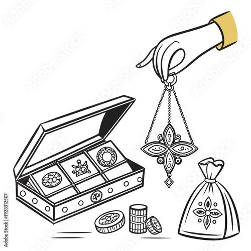 Hand holding ornate pendant next to open jewelry box and money bag