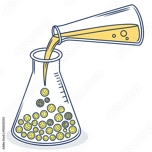 Pouring yellow liquid into conical flask with yellow spheres