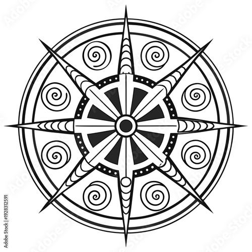 Black and white of a circular cyclone symbol line abstract