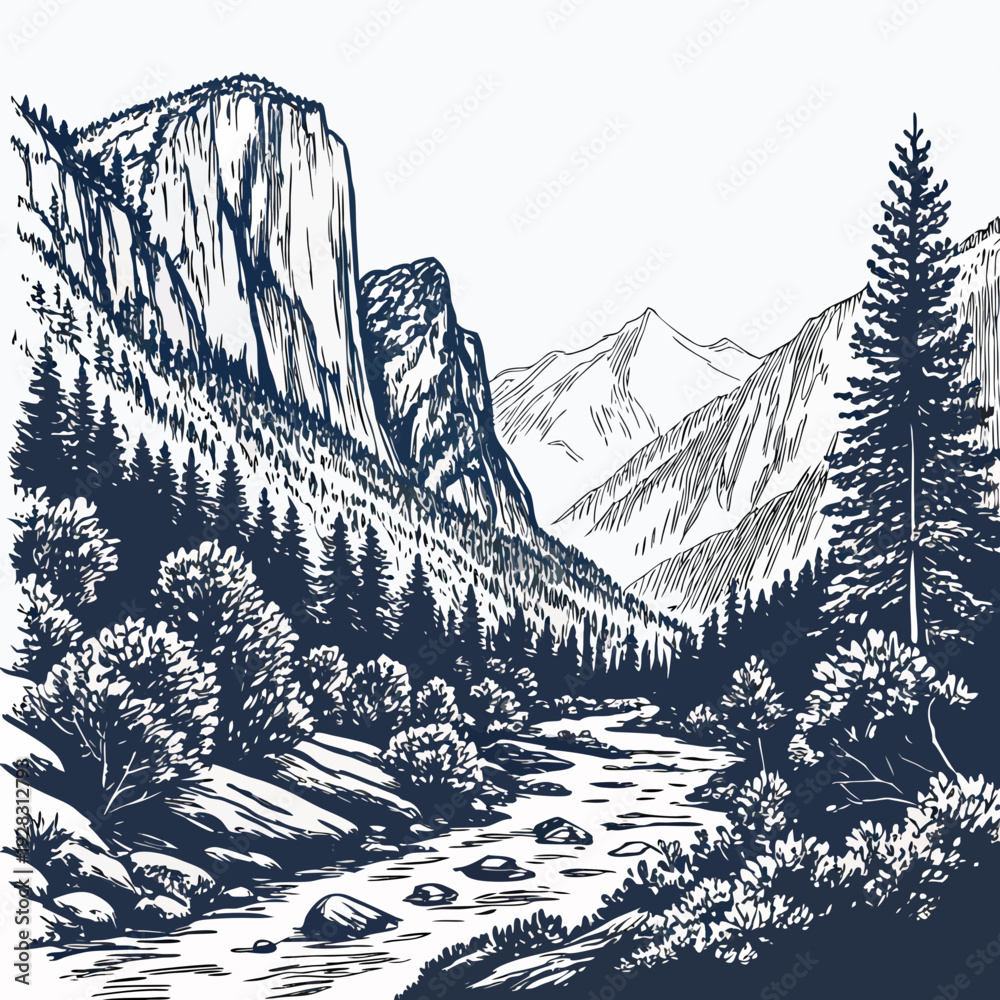 Obraz premium Precision of a remote mountain valley river trees rocks