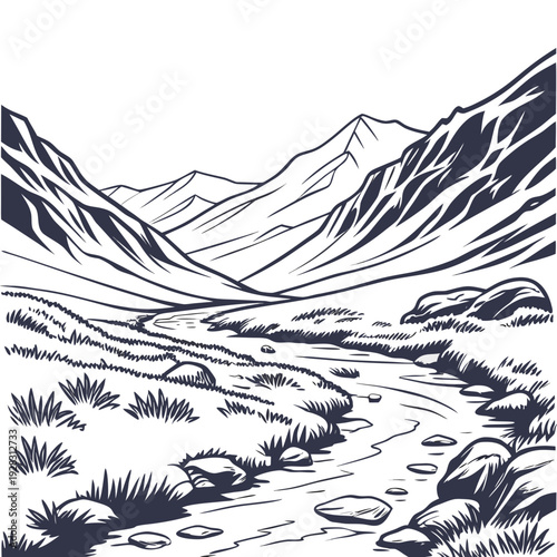 Monochrome of a barren alpine valley with a stream