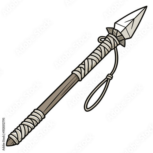 Ancient hunting spear with stone tip and rope handle wrapping