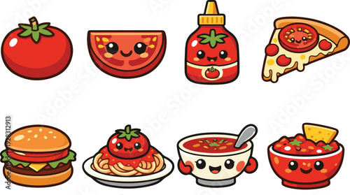 Kawaii Tomato and Food Collection Vector Illustration