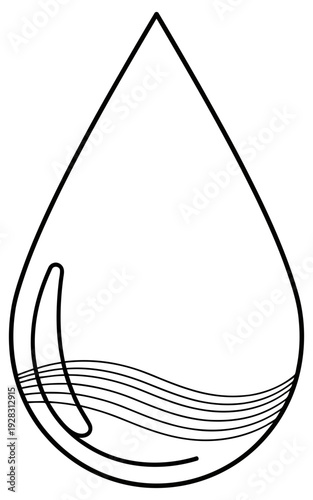 A simple, minimalist line drawing of a teardrop shape filled with wavy lines, representing water or a liquid, ideal for eco-friendly or purity-themed designs