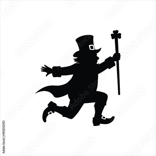 Dynamic silhouette of a leprechaun in motion, holding a shamrock staff and wearing a tall hat, ready for St. Patrick's Day fun.