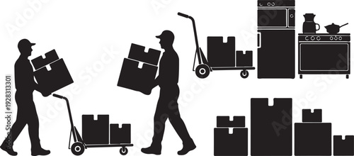 Three men are working in a warehouse, moving and organizing various boxes.