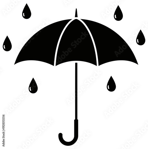 Black silhouette of an open umbrella with raindrops falling around it, symbolizing protection from the elements and a simple, classic design for weather-related themes