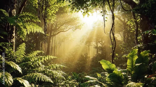 Sunlight streaming through the lush green canopy of a tropical rainforest, creating a mystical and vibrant jungle scene.