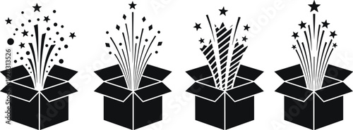 Set of four black open gift box icons with stars and confetti fireworks exploding out isolated on white background for celebration and surprise