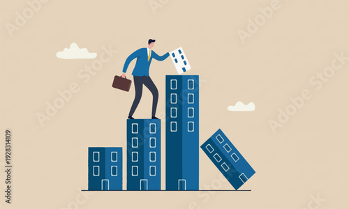 Build business minimal shading bigger one fall extension concept, ambitious businessman build up store on top of company stack