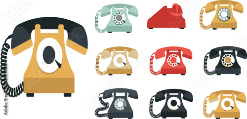 Retro rotary telephone collection with large feature phone and colorful variations in flat vector illustration for vintage communication and office decor design.