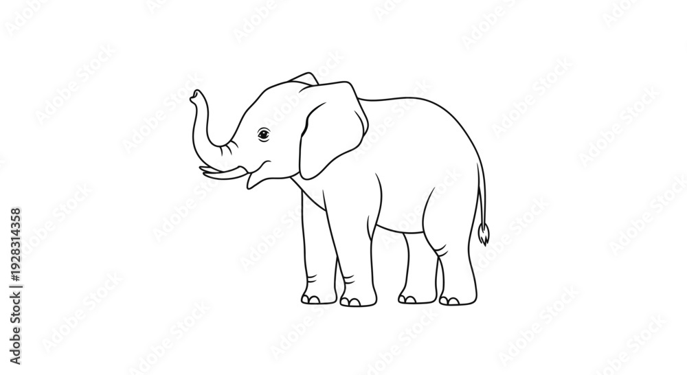 Fototapeta premium Outline Drawing of a Baby Elephant with Trunk Raised.