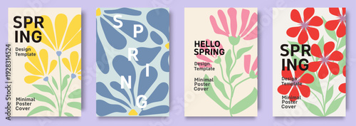 Set of modern spring greeting cards with floral abstract designs and pastel color backgrounds