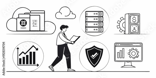 Businessman analyzing data with digital devices and cloud computing icons Vector