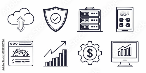 A collection of icons representing various aspects of business and security. Vector