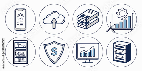 A collection of icons representing various aspects of cloud computing and cybersecurity. Vector
