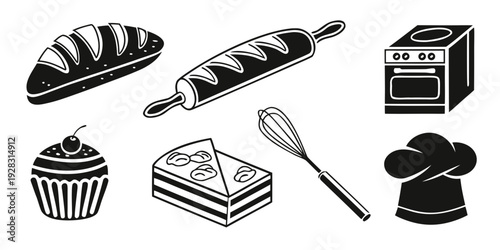 Assorted baked goods and ingredients displayed on a white background Vector