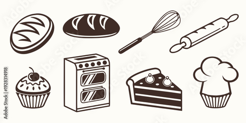 An assortment of baked goods including bread, cake, and pastries. Vector