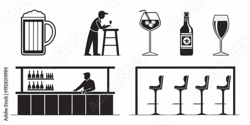 A man is sitting at a bar with various drinks and a menu. Vector