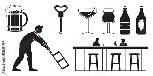 A man is preparing to serve various types of drinks at a bar counter. Vector