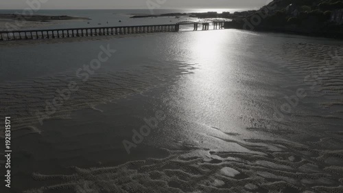 Barmouth Bridge Viaduct Estuary Aerial View Evening Wales