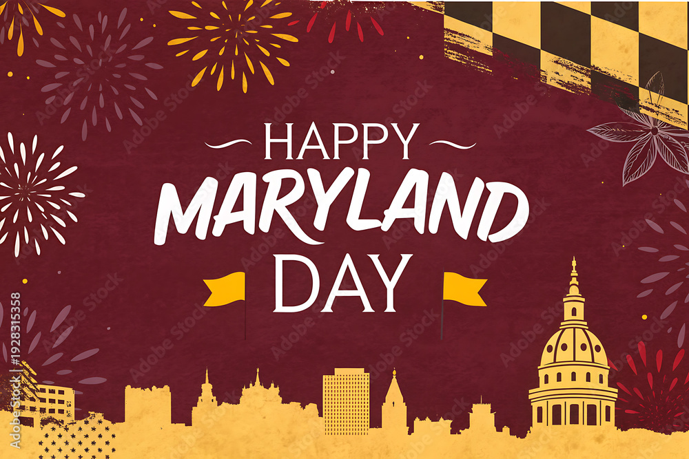Obraz premium Happy Maryland Day Celebration Poster With State Flag Pattern And Capitol Dome Skyline