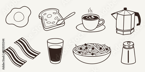 A delightful assortment of breakfast foods and beverages on a table Vector