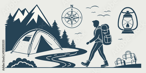 Hiker enjoying the great outdoors with a tent and mountain backdrop Vector