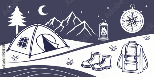 A serene winter campsite under a starry night sky with a cozy tent and campfire. Vector