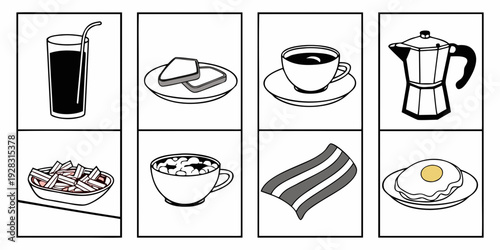 Assorted breakfast items including beverages and food in a nine square grid Vector
