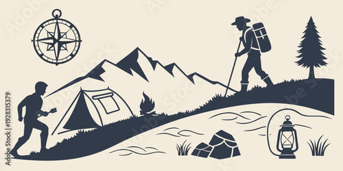 Group of hikers with tents and a compass navigating through a mountainous terrain Vector