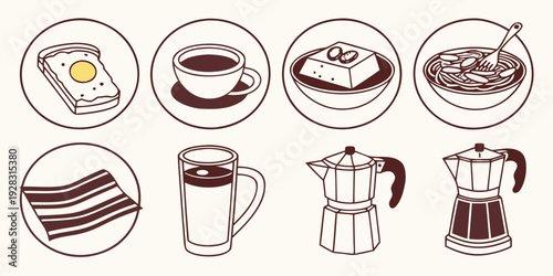 Assorted pastries and beverages displayed on a table Vector