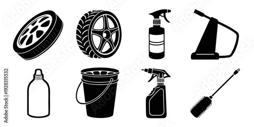Assorted cleaning tools and supplies arranged in a row. Vector