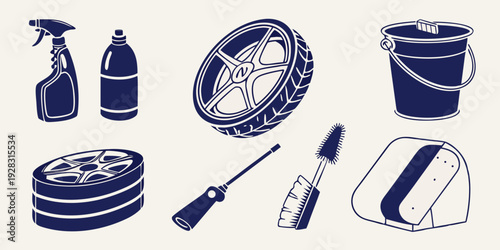 Assorted cleaning supplies including brushes, sponges, and a bucket Vector