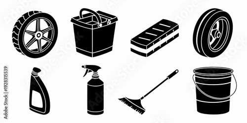 An assortment of cleaning tools and supplies for maintaining a vehicle. Vector