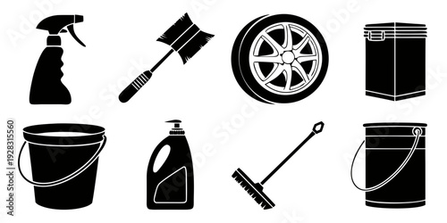 Assorted cleaning tools and supplies arranged in a row Vector