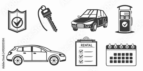 Assorted icons representing car rental services and insurance options. Vector