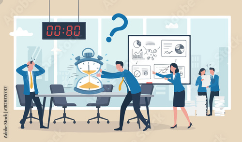 Time pressure or running out of time, stress or anxiety finish within aggressive deadline team meeting management concept, frustrated businessman squeezed timer clock