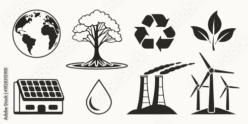 Illustration depicting various symbols of sustainability and renewable energy sources. Vector