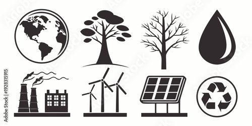 Icons representing various aspects of environmental sustainability and renewable energy Vector