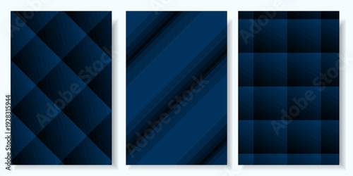 Navy geometric seamless patterns set with dark blue diagonal stripes, diamonds and checkered squares, modern abstract vector backgrounds perfect for branding, packaging, wrapping paper, notebook cover