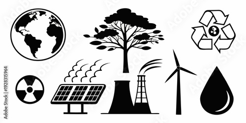 Symbols of renewable energy and environmental conservation in black and white Vector
