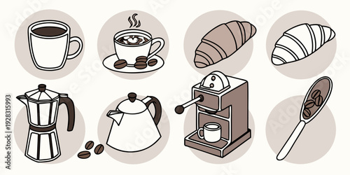 A delightful assortment of various breakfast foods and beverages Vector
