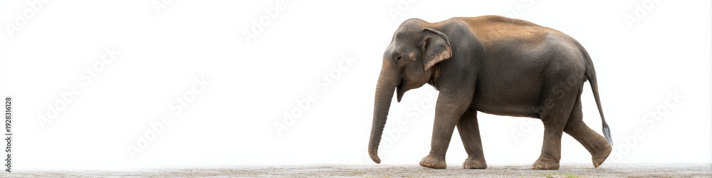 Obraz premium Asian elephant walking on pavement against white background