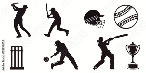 A collection of black and white illustrations depicting various cricket equipment and actions. Vector