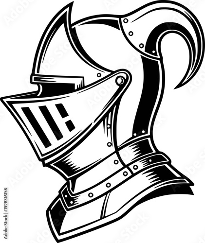 Black and White Medieval Knight Helmet Emblem Isolated White Background armor metal